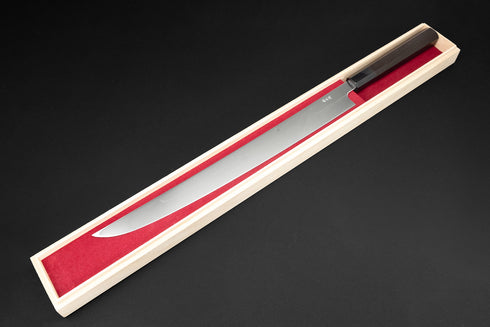 XIN GUO 26C3 SWEDISH STEEL MIZU HONYAKI DUAL HAMON SAKIMARU SUJIHIKI 360 MM / EBONY HANDLE BUFFALO HORN