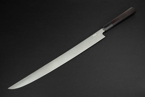 XIN GUO 26C3 SWEDISH STEEL MIZU HONYAKI DUAL HAMON SAKIMARU SUJIHIKI 360 MM / EBONY HANDLE BUFFALO HORN