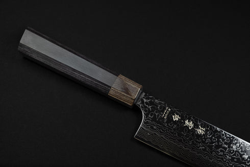 SEKI KANETSUGU ZUIUN KIWAMI SG2 DAMASCUS DLC COATING KIRITSUKE-GYUTO 210 / KUROISHIME SAYA & WOODEN BOX