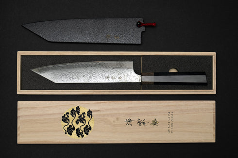 SEKI KANETSUGU ZUIUN KIWAMI SG2 DAMASCUS DLC COATING KIRITSUKE-GYUTO 210 / KUROISHIME SAYA & WOODEN BOX