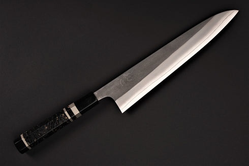 HATSUKOKORO YOSHIKANE SKD GYUTO 240 CUSTOM / RESIN BOLSTERS / CARBON FIBER GOLD LEAF / 3 NICKEL SILVER RINGS