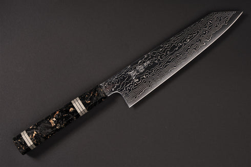 SUKENARI SG2 DAMASCUS KIRITSUKE GYUTO 210 WITH RESIN BOLSTERS / CARBON FIBER GOLD LEAF / NICKEL SILVER RINGS EMBOSSED