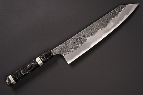 KISUKE MANAKA BLUE 1 HON-WARIKOMI KUROUCHI TSUCHIME KIRITSUKE GYUTO 240 WITH RESIN BOLSTERS / CARBON FIBER GOLD LEAF / NICKEL SILVER RINGS