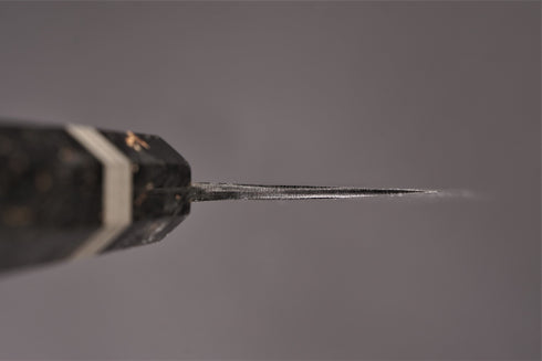 KISUKE MANAKA BLUE 1 HON-WARIKOMI KUROUCHI TSUCHIME KIRITSUKE GYUTO 240 WITH RESIN BOLSTERS / CARBON FIBER GOLD LEAF / NICKEL SILVER RINGS