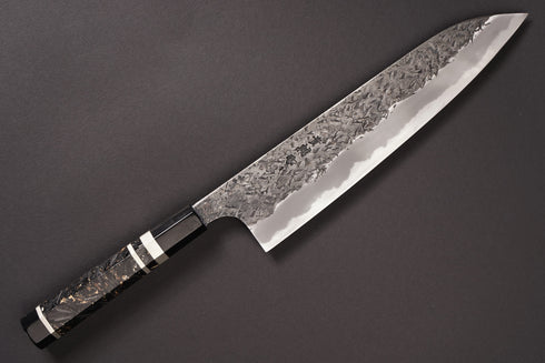 KISUKE MANAKA BLUE 1 HON-WARIKOMI KUROUCHI TSUCHIME GYUTO 240 WITH RESIN BOLSTERS / CARBON FIBER GOLD LEAF / NICKEL SILVER RINGS