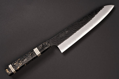 NIGARA SG2 TSUCHIME GYUTO 210 WITH RESIN BOLSTERS /CARBON FIBER GOLD LEAF/ SILVER RINGS